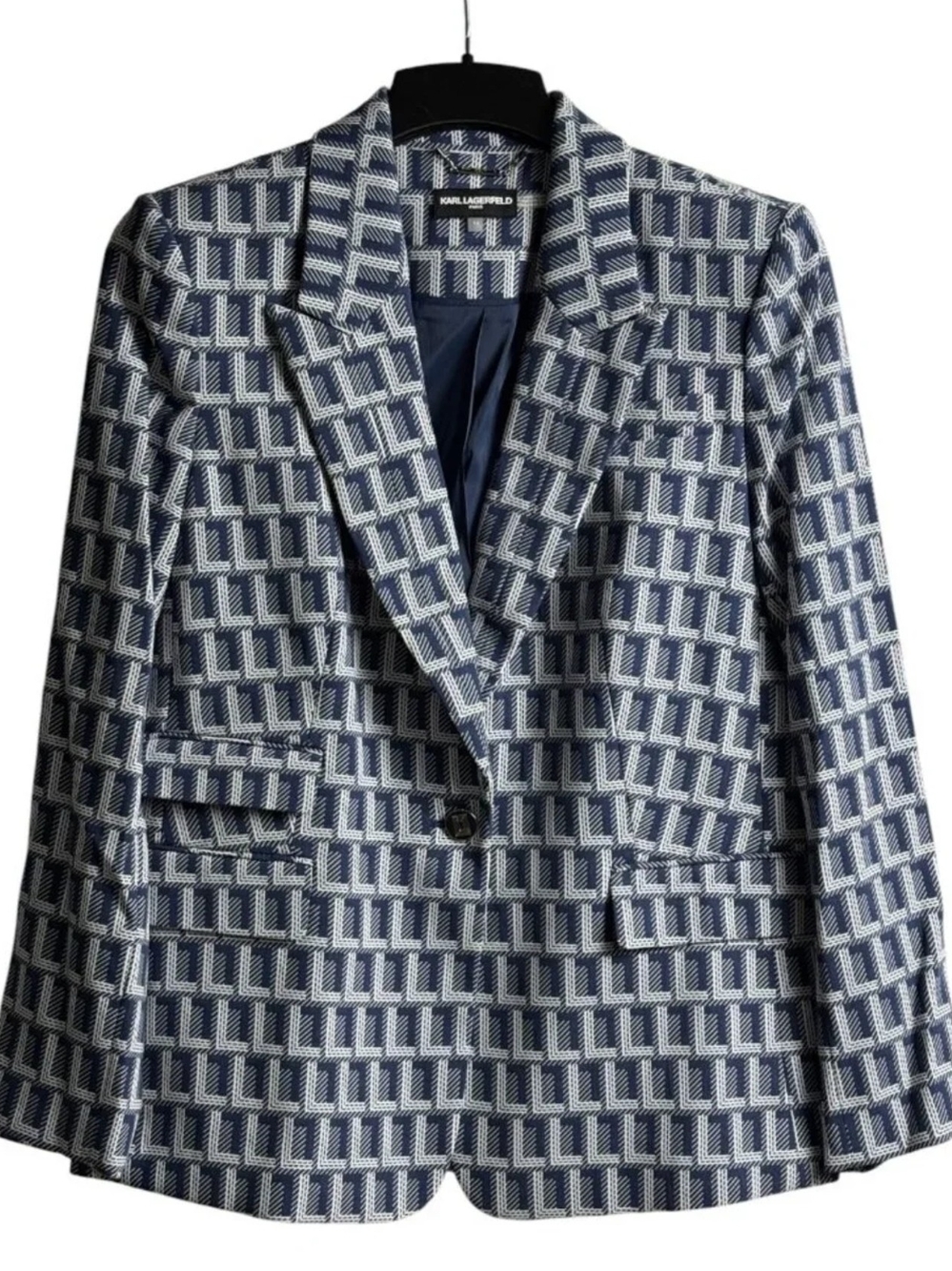 Karl Lagerfeld Navy and White Geometric Knit Blazer